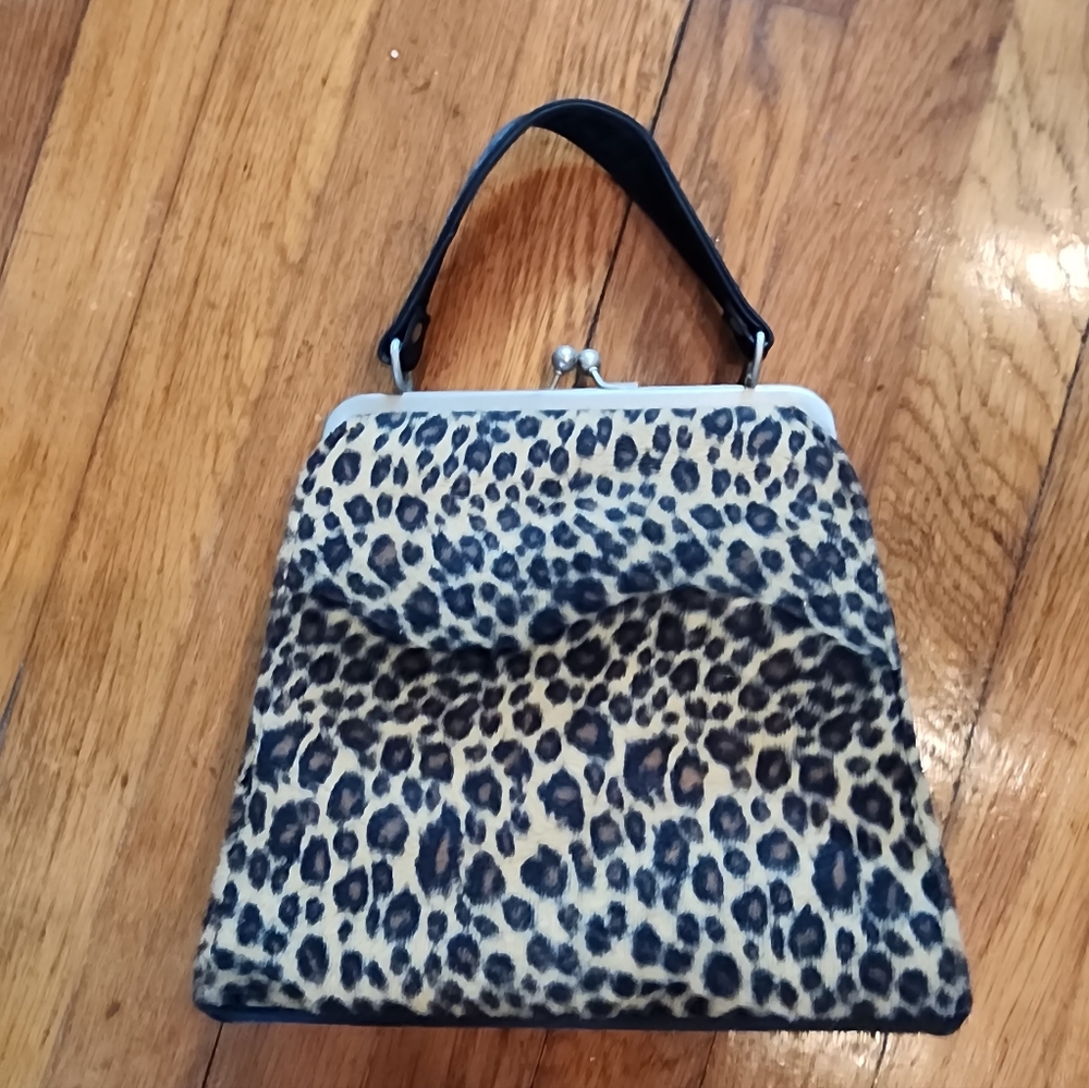 VINTAGE 90s FUZZY Leopard Print Top-Handle Women's Bag - Black Accent